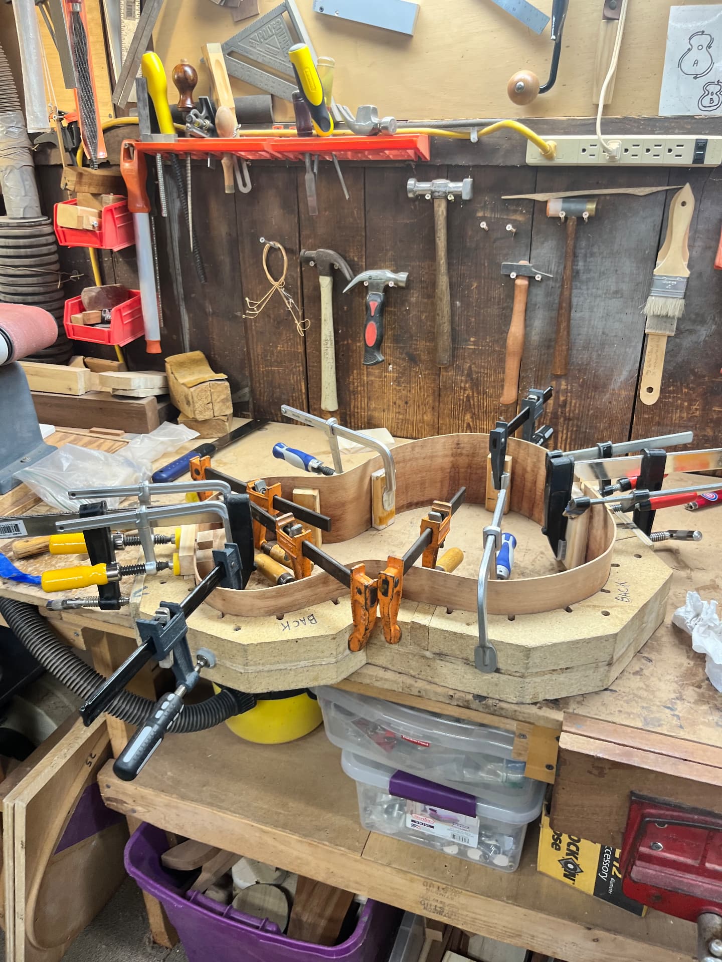 Sapele sides clamped into the body mold overnight