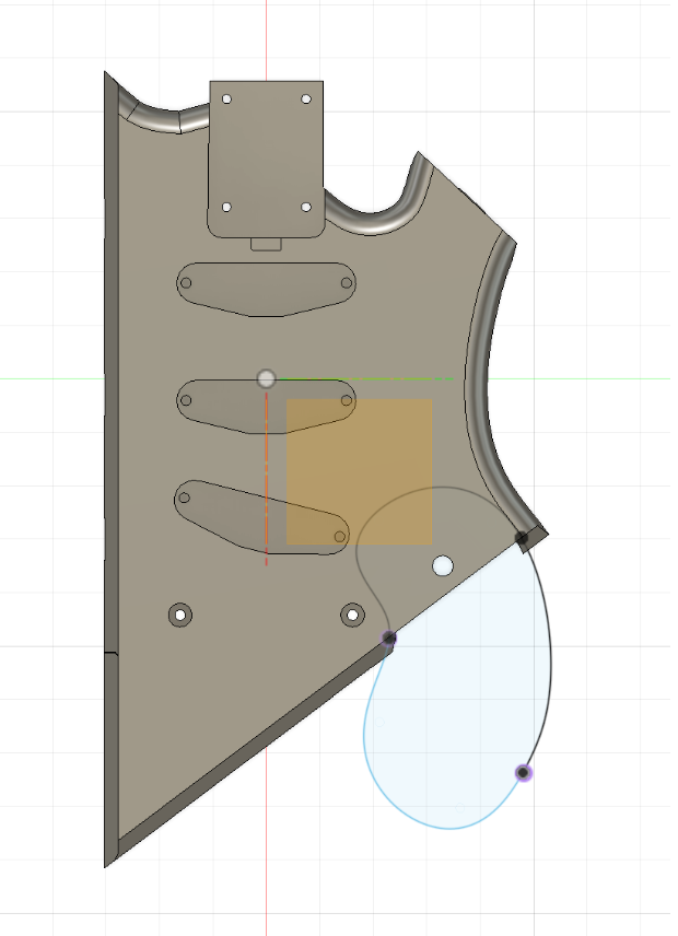 Top view of the split guitar body model in Fusion showing the pieces and their outlines