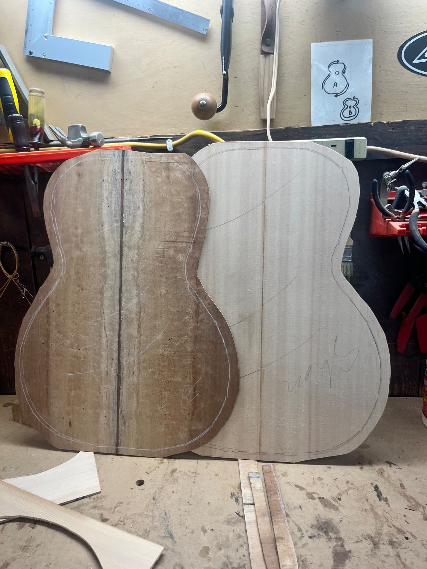 Sapele back and spruce top cut to shape on the workbench