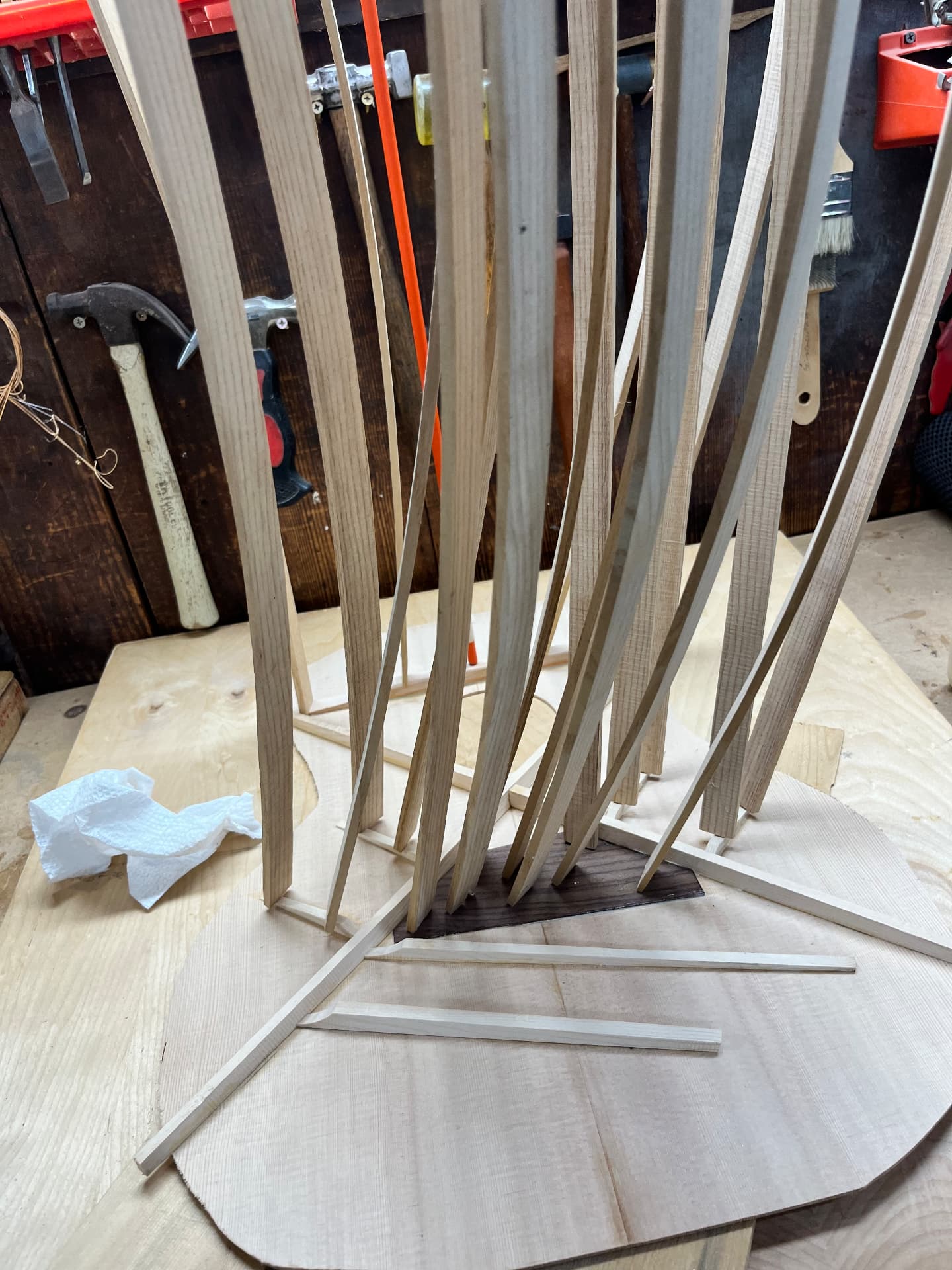 Carved spruce braces laid out on the guitar top before gluing