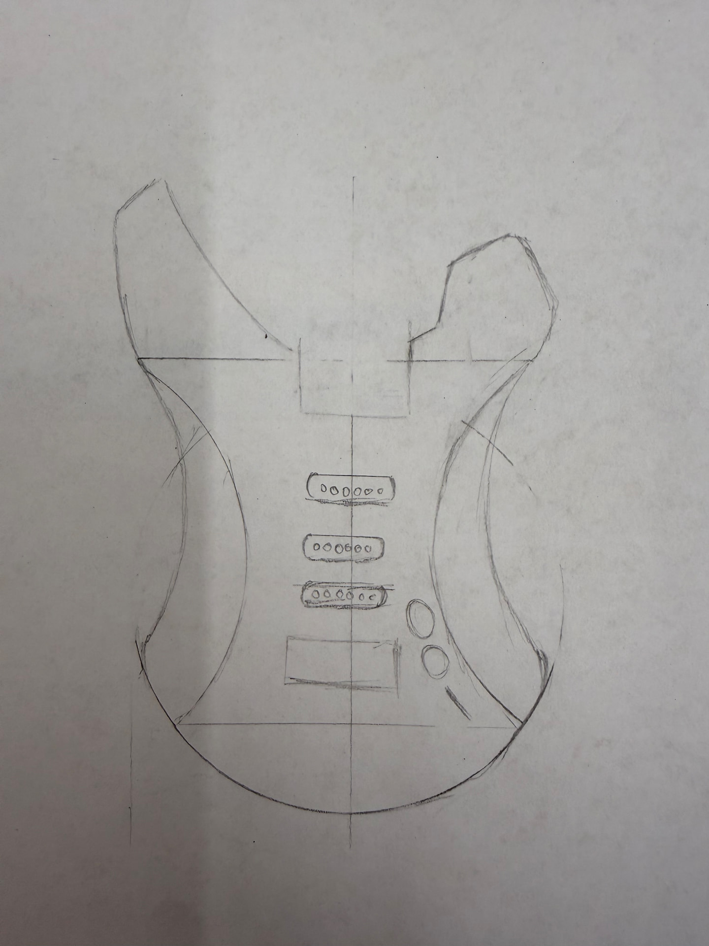 Pencil sketch of the final electric guitar body shape with pickups and controls drawn on paper