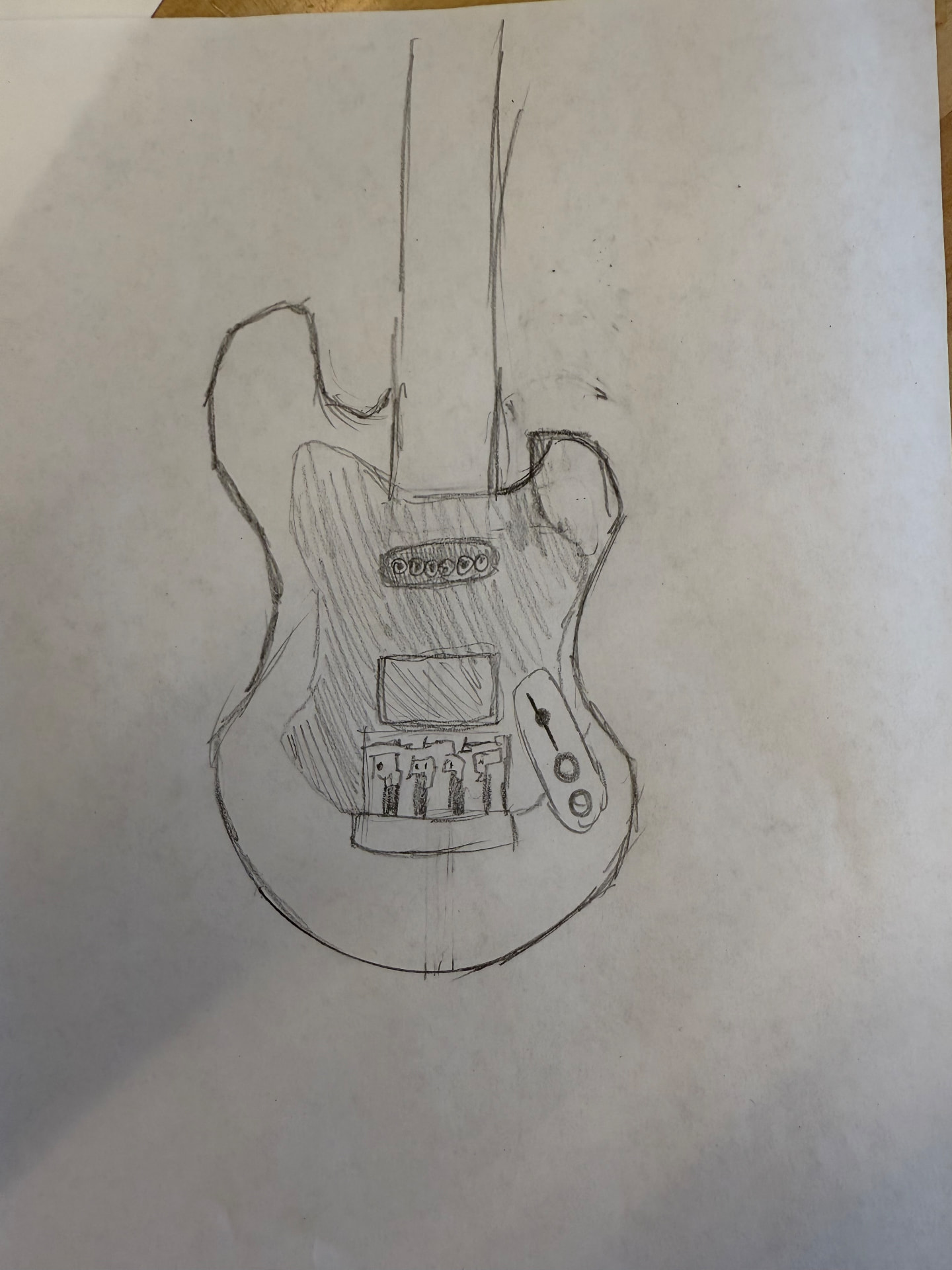 Pencil sketch of an electric guitar body with neck and bridge drawn on paper