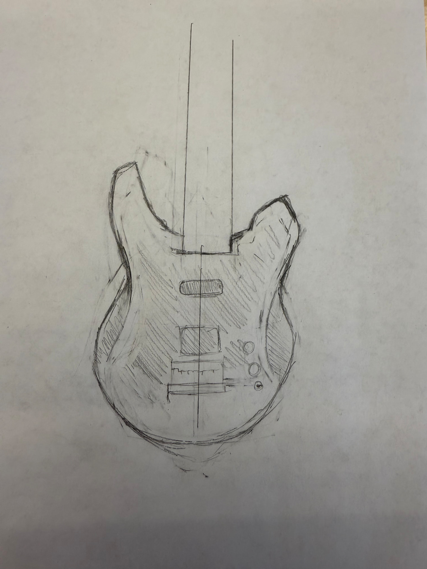 Pencil sketch of an electric guitar body with a center line through the neck