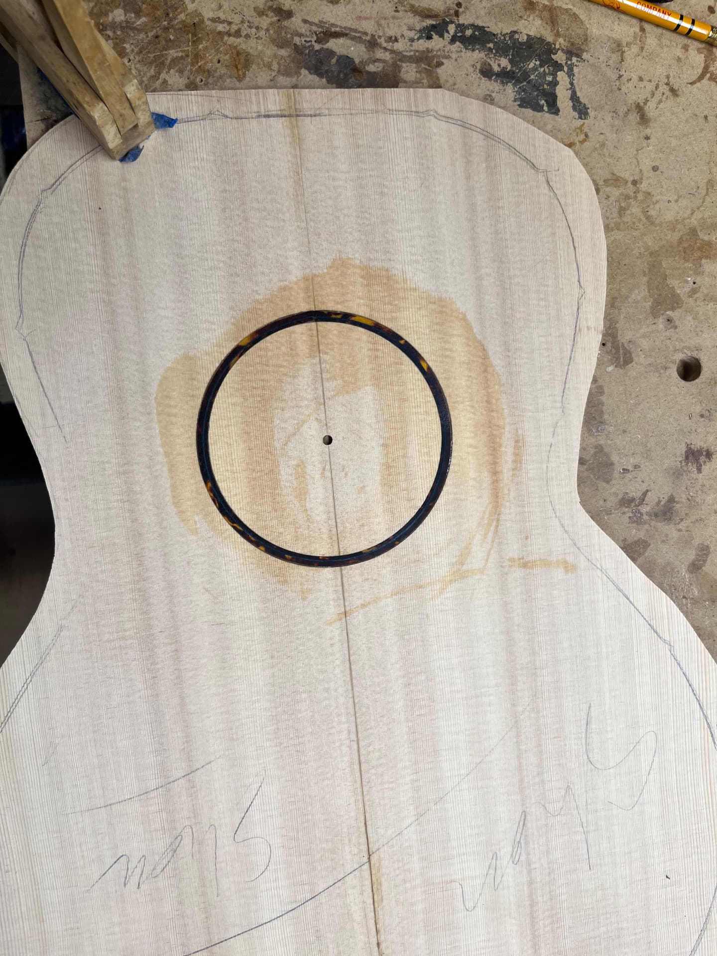 Rosette channel carved into the spruce top with the rosette ring set in place