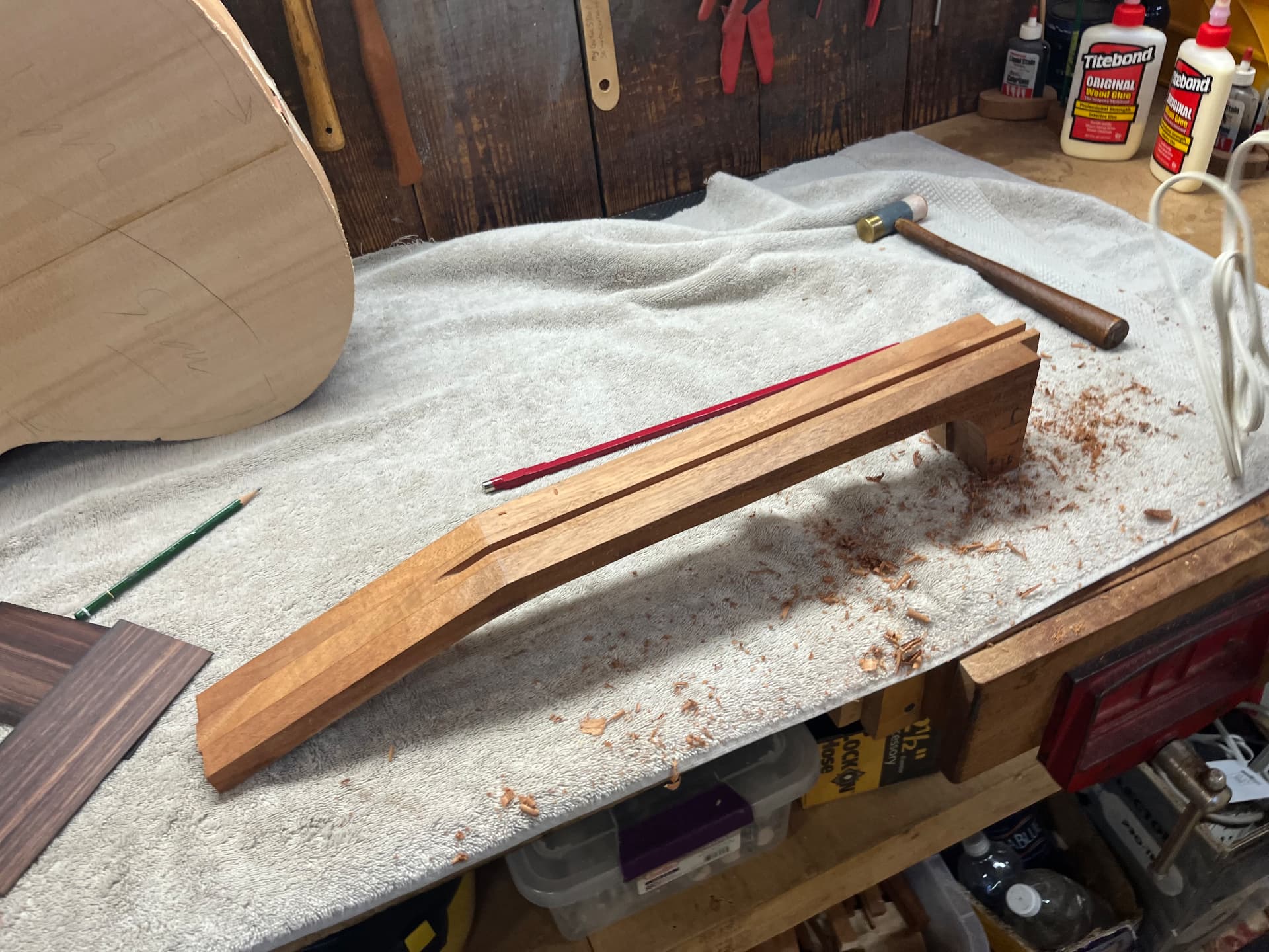 Glued sapele neck blank with a channel routed down the center for the truss rod