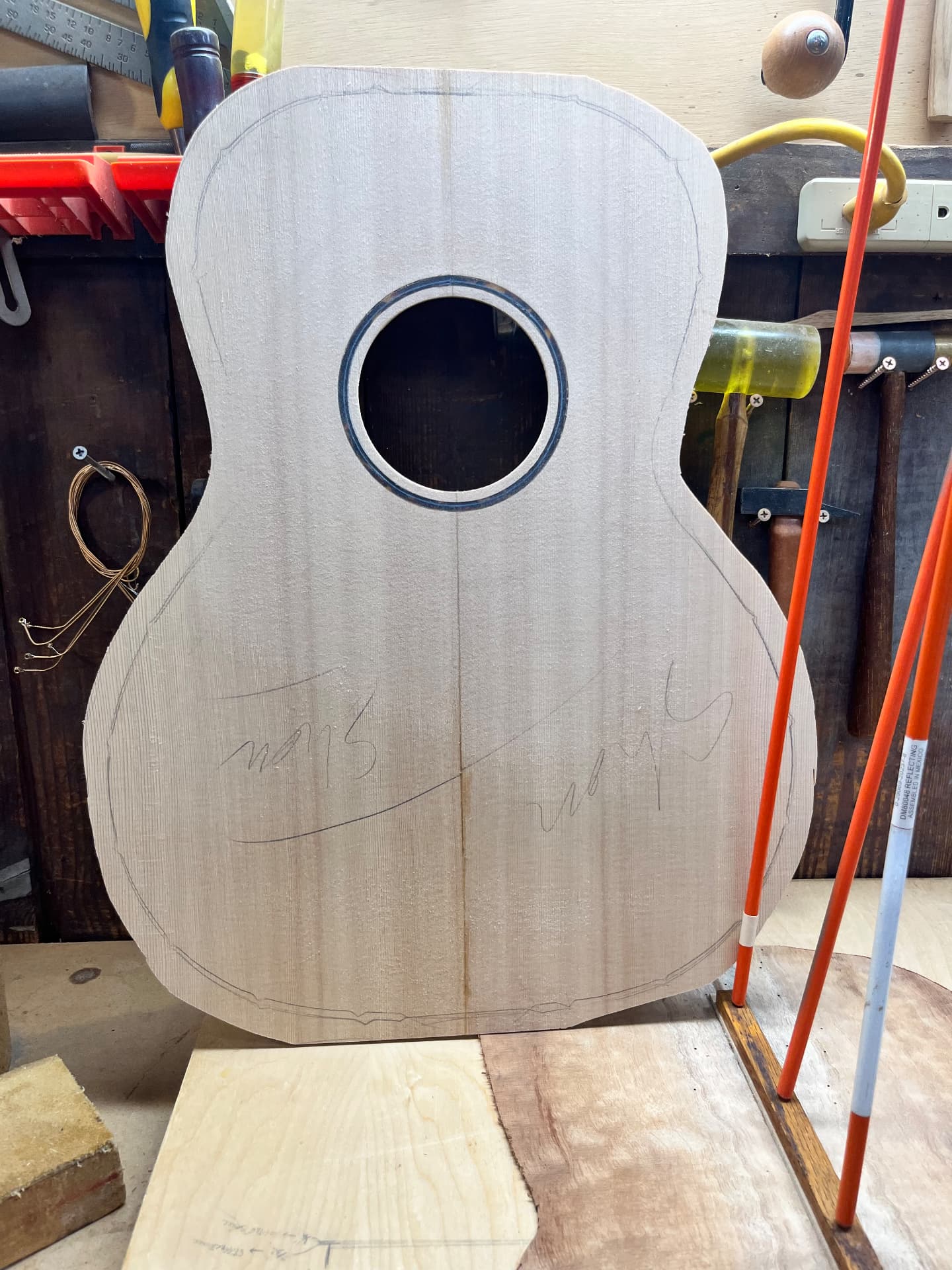 Spruce top with the finished rosette and soundhole cut out