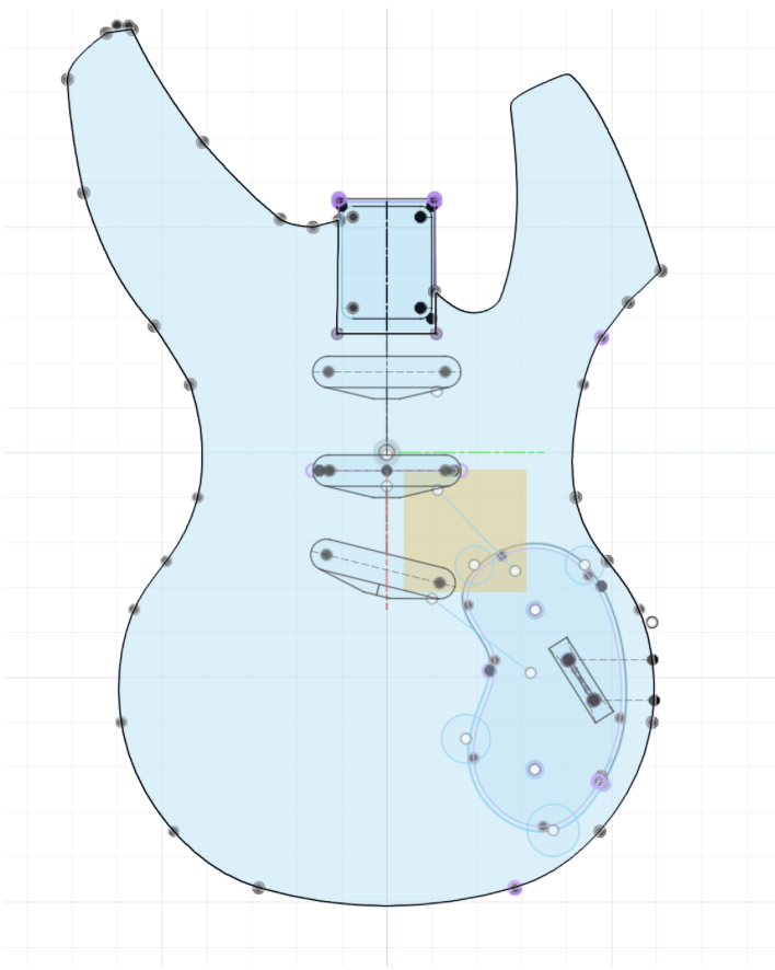 Screenshot of the guitar body in Fusion 3D modeling software with slots and cavities drawn for the electronics and pickups